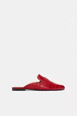 Zara Slippers Red Embossed Crocodile Effect Sz  7.5 9 New • $39.99