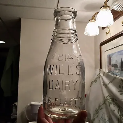 Qt Milk Bottle Will’s Dairy 2016 Fleet St Baltimore MD Fells Point 1928 Emb Nice • $16.24