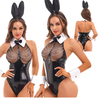 Womens Bunny Girl Club Lingerie Outfit Sexy Bodysuit PVC Leather Cosplay Costume • $17.14