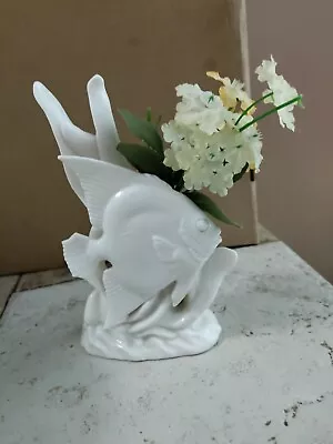 White Ceramic Angel Fish Vase With No Maintenance Floral • $3