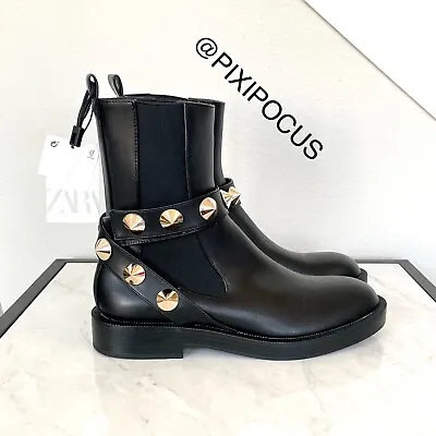 Zara Nwt Studded Faux Leather Boots Ankle Stretch Black Low Heel Us 9 / 10 • $75