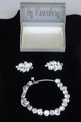 Vtg Eisenberg Clear Rhinestone Safety Chain Bracelet & Matching Earrings W/box • $45