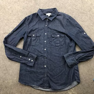 J Crew Top Women Size 6 Blue Denim Long Sleeve Blouse Tunic Button Up Shirt • $11.39