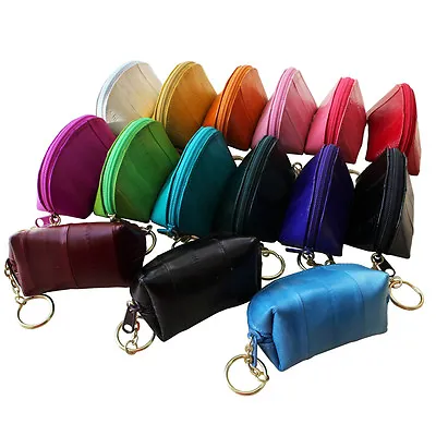 Genuine Eel Skin Leather Zippered Small Coin Purse With Key Ring Mini Wallet • $10.99