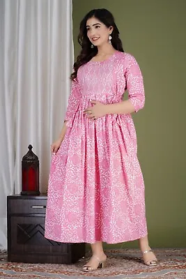 Pink Pregnancy Anarkali Cotton Dress Maternity Long Gown 48'' Hand Print Gown • $24.59