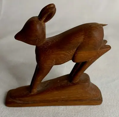 Deer Sculpture Wood Hand Carved Miniature Running Figurine MCM Makers Mark • $32.88