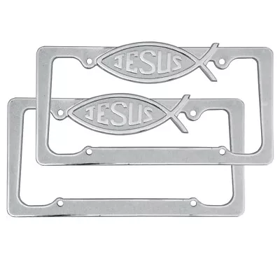 2 PC Jesus Chrome Design Metal License Plate Frames All Weather Resistant • $21.90