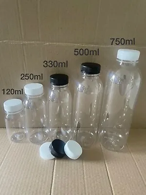 120ml 250ml 330ml 500ml Juice Bottles Round Clear Plastic With Tamper Caps • £139.99