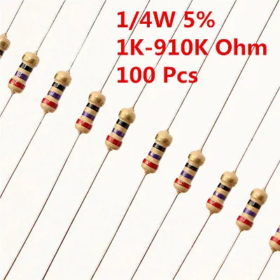 100Pcs 1/4W 0.25W Carbon Film Resistor ±5% 1K -910K Ω Ohm 1 K - 910 K • $1.42