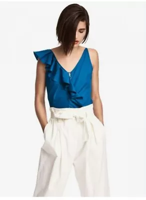 H&M Blue Cotton Ruffled  Crop Top Zip Front Size S (UK8/EU36) • £6