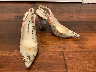 Manolo Blahnik Cream Butterfly Print Slingback Heels Size 36 (IT) 6 (US) • $162