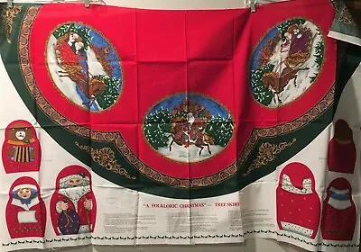 Vtg FOLKLORIC CHRISTMAS Santa Tree Skirt Table Fabric Diy Panel X2 Matryoshka • $41.99