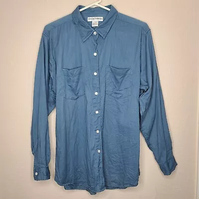 Passports Womens Shirt Top Large Blue Chambray Button Front Cotton Casual Basic • $16.90