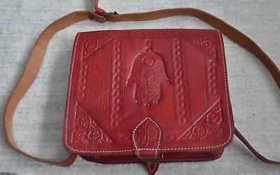 Moroccan  Leather Handbag Purse Hamsa Embroidered Crossbody Bag Red • $29.99