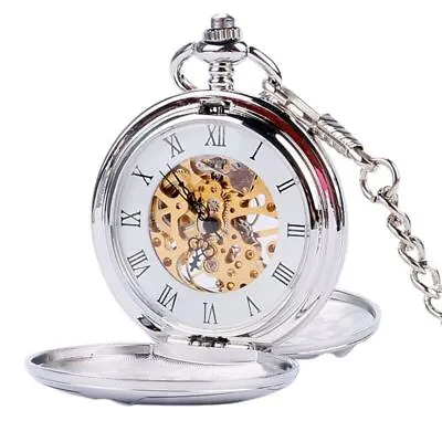 Silver Smooth Mechanical Double Full Hunter Skeleton Pocket Watch Mens Gift • $16.25