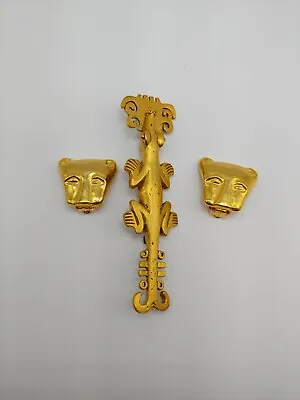 MMA Egyptian Lion Clip Earrings Columbian Crocodile Brooch Vintage Jewelry Lot • $69.66