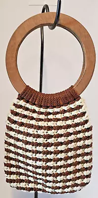 Vintage Macramé Crochet Purse Handbag Wood Circle Handles Brown And Cream • $15