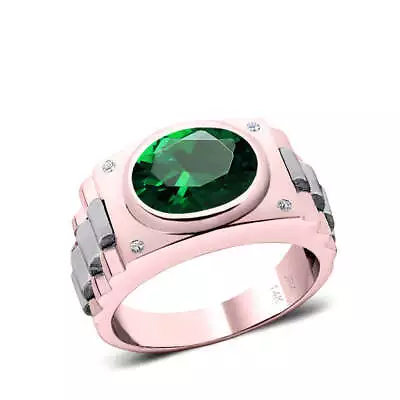 Princess Cut Emerald Men's Ring With Natural White Diamonds In 14K Rose Gold Eng • $999