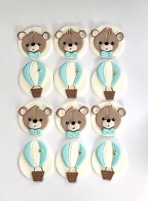 Teddy Bear And Balloon Edible Handmade Birthday Christening 12 Cupcakes Topper • £27.99