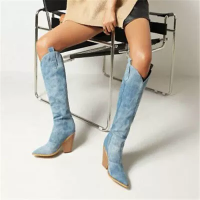 Women Denim Cowboy Boots Block Heel Pointy Toe Chelsea Riding Biker Knee High • £45.02