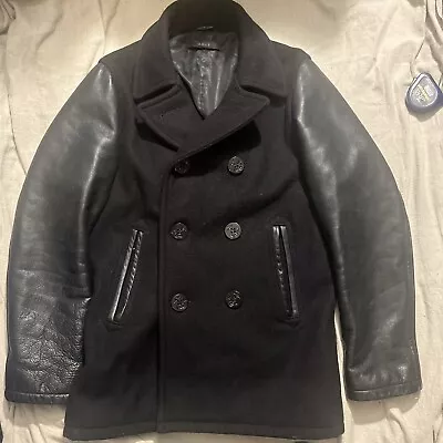 UNIS Leather Sleeve Pea Coat Jacket XS USA Wool Blend Military Motor Biker • $150