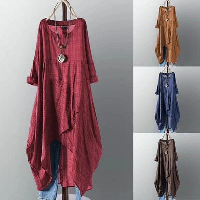 $23.74 • Buy Autumn Women's Long Sleeve Shift Dress Kaftan Abaya Retro Plaid Check Midi Dress