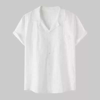 Summer Men's Casual Button Down Shirt Short Sleeve Beach Linen Cotton Shirt Thin • $23.26