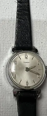 Vintage Timex Watch Chrome Plated Bezel Leather Bracelet Caravelle • $25