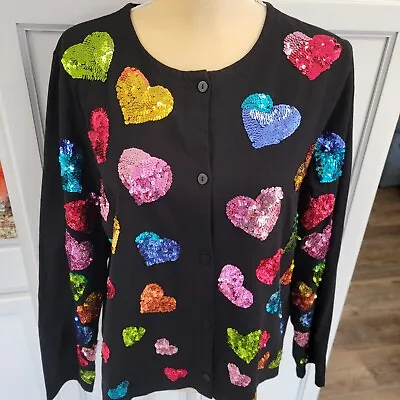 Michael Simon Sequin Hearts Embellished Black Cardigan Sweater Size Large V Day • $69.99