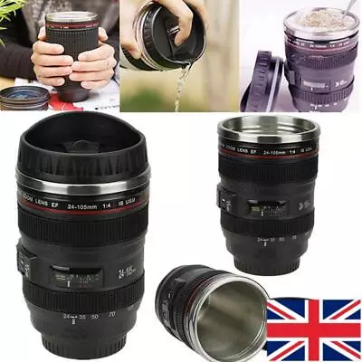 Camera Lens Mug Coffee Tea Stainless Steel Travel Cup Thermos Flask Sipping Lid • £9.25