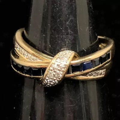 375 9ct Gold Diamond Sapphire Ring 3.26g Yellow DIA Intertwined Size O Fine -CP • $96.70