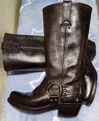 Frye Vintage Brown Leather Harness 12R Tall Square Toe Biker Boot Women's Sz 6.5 • $225