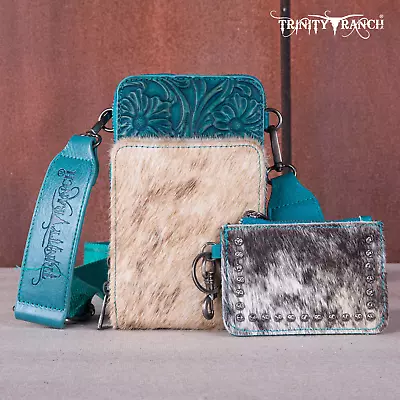 Trinity Ranch Genuine Hair-On Cowhide /Tooled Collection Phone Purse With Coin P • $49.99