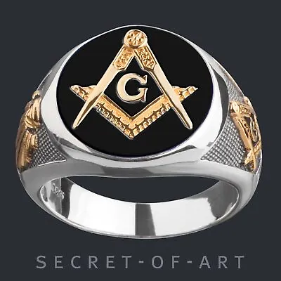 Masonic Ring Freemason Mason Masonry 925 Silver Gold-Plated All Seeing Eye Black • $189.99