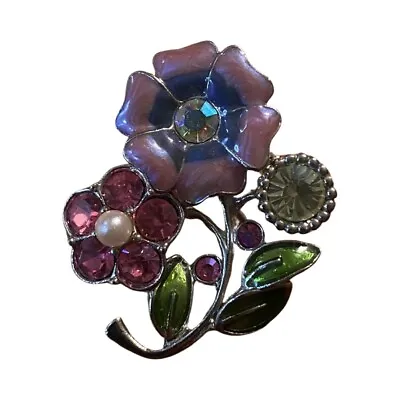 Vintage Silver Tone Metal And Enamel Spring Flowers Brooch Pin Pink Green • $14.25