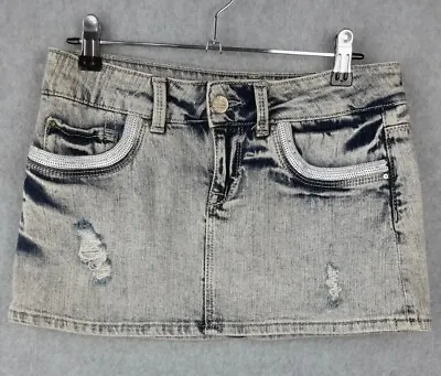 $19 • Buy Bershka Size 8 Acid Wash Denim Mini Skirt Distressed With Sequin Pocket