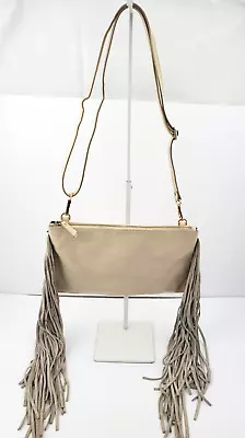 MONSERAT DE LUCCA Used Small Cream Leather Long Fringe Slouchy Crossbody Bag • $58