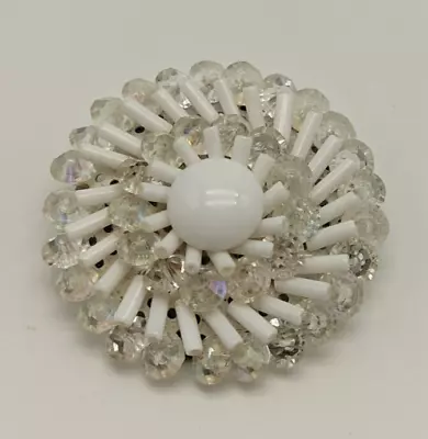 Vintage West Germany White Milk Glass Aurora Borealis Beaded Flower Brooch • $14.99