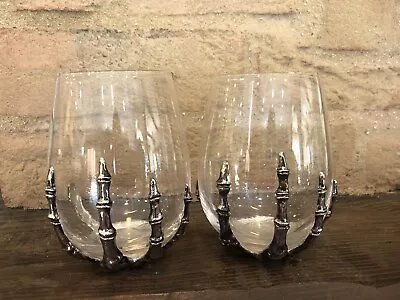 Pottery Barn Halloween Skeleton Hand Stemless Wine Glass Set 2 • $139.95