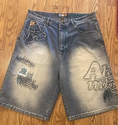 Vintage Akademiks Jeans Shorts Y2K Hip Hop Detailed Raw Edge Patches Size 38 • $19.99