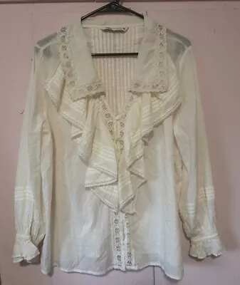 Zara Cotton White Eyelet Ruffle Blouse (PRE-LOVED) Size XL • $22