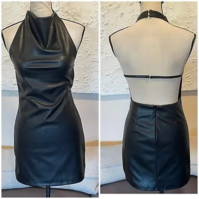 Zara Women's Faux Leather Halter Open Back Mini Dress Black Size Small • $38