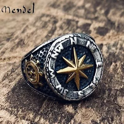 MENDEL Mens Gold Plated Nautical Biker North Star Anchor Ring Stainless Steel • $14.99