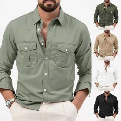 Men Shirts Long Sleeve Blouse Mens Casual Lapel Neck Holiday Tunic Shirt Comfy • £17.15