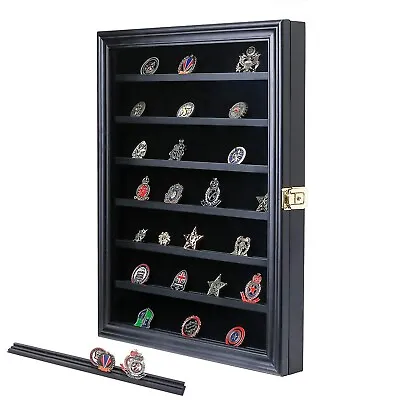 Military Challenge Coin Display Case Lockable Wood Cabinet Rack Holder Black ... • $62.87