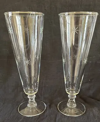 2 MCM Atomic Starburst Pilsner Drinking Glasses Vintage Etched Glass • $35.99