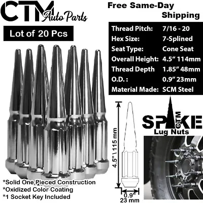 20Pc 4.5  TALL CHROME 7/16-20 SPLINE SPIKE LUG NUT+KEY FIT CLASSIC CHEVY MODELS • $41.39