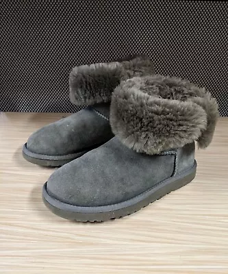 UGG Classic Mini Bailey Button Bling Gray Grey Suede Fur Boots Size US 6 Women • $34.97