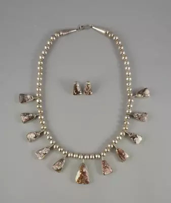 Vintage Navajo Silver White Buffalo Stone Squash Blossom Necklace Earring Set • $450