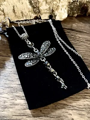 £5.95 • Buy Crystal Dragonfly Necklace Antique Black Marcasite Bohemian Vintage Silver Gift